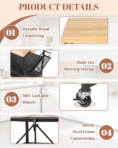 Mythinglogic Foldable Kitchen Cart with Wheels, Rolling Kitchen Island with Wood Top, 3-Tier Microwave Stand Coffee Bar Cart with Side Storage Rack, Black - size: 21.89"D x 29.33"W x 36.81"H