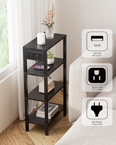 TUTOTAK Narrow Side Table Set of 2, Small End Table with Charging Station | 4-Tier Skinny Sofa Table, Slim Nightstand, Easy Assembly for Living Room, Bedroom, Black TB01BK0802 - color: Black, size: 4-tier
