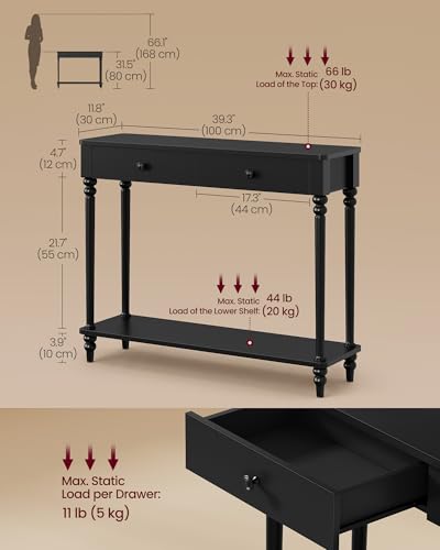 VASAGLE Mariel Collection - Console Table, Narrow Entryway Sofa Table with Drawers and Shelf, Solid Wood Legs, Mid-Century Modern, for Hallway Doorway Living Room, Ink Black ULNT139B101S
