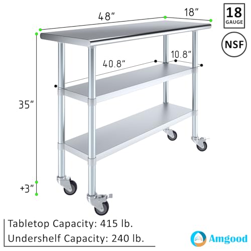 AmGood Stainless Steel Work Table with 2 Shelves and Casters | Metal Utility Table On Wheels (Stainless Steel Work Table with 2 Shelves + Casters, 48" Long x 18" Deep) - size: 48" Long x 18" Deep