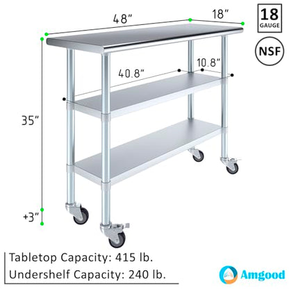 AmGood Stainless Steel Work Table with 2 Shelves and Casters | Metal Utility Table On Wheels (Stainless Steel Work Table with 2 Shelves + Casters, 48" Long x 18" Deep) - size: 48" Long x 18" Deep