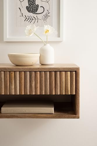 Kate and Laurel Reid Ribbed Wooden Tiered Floating Side Table, 18 x 10 x 9, Natural Wood, Modern Rectangular Mango Wood Floating Nightstand with Drawer for Bedroom Storage or Living Room End Table - color: Natural