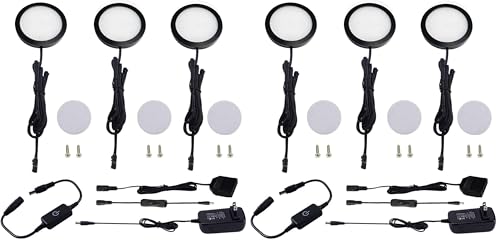 AIBOO Under Cabinet LED Black Cover Puck Lighting Kit with Touch Dimmer Switch for Kitchen Cupboard Closet Lighting (3 Lights,Warm White) (Pack of 2) - color: Warm White, size: 3 lights (Pack of 2)