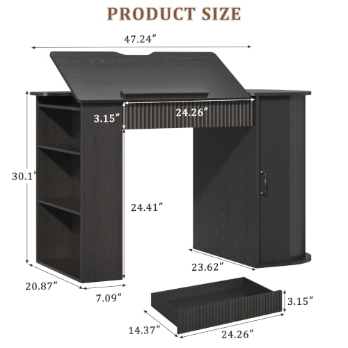 Drafting Table with Storage Cabinet & Drawers, Adjustable Drawing Table with Open Shelves, Crafting Table Art Desk for Home Office, Reading, Writing, Crafting, Painting (Black) - color: Black