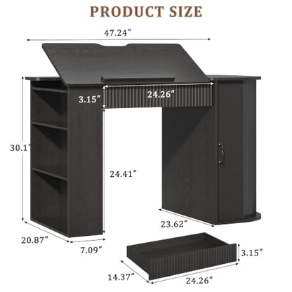 Drafting Table with Storage Cabinet & Drawers, Adjustable Drawing Table with Open Shelves, Crafting Table Art Desk for Home Office, Reading, Writing, Crafting, Painting (Black) - color: Black