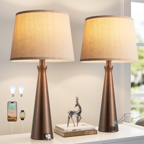 Seealle Modern Table Lamps Set of 2 - Touch Bedside Lamp for Nightstand with Dual USB C+A,3-Way Dimmable Brown Nightstand Lamps for Living Room Bedroom End Table with Oat Shade(Bulb Included) - color: F. Brown-Oat