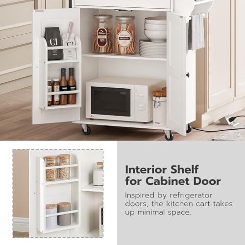 HOOBRO Kitchen Island with Power Outlet, Rolling Kitchen Island with Large Worktop, Kitchen Island Cart with Spice Rack and Drawer, Island Table for Dining Room, White and Natural WN88UZD01 - color: Natural + White