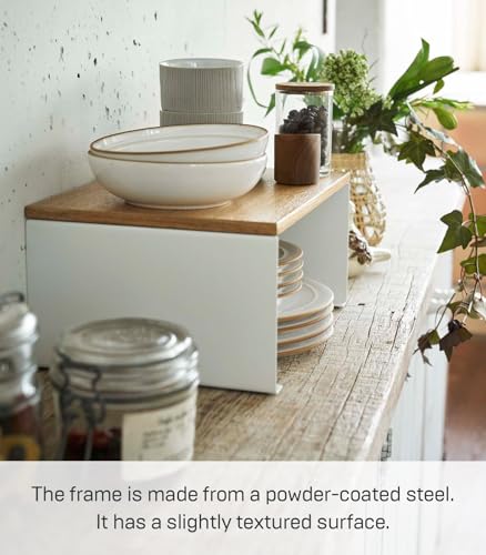 YAMAZAKI Home Tosca Wood-Top Stackable Kitchen Rack - Modern Counter Shelf Organizer - Large - Steel + Wood - Stack Up to Two - size: Large