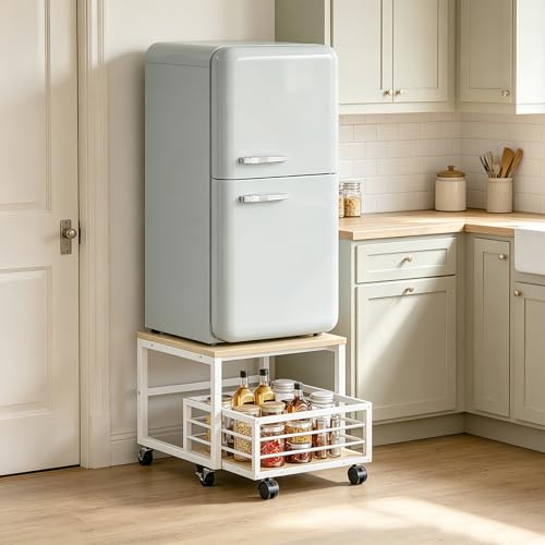 HOOBRO End Table, Mini Fridge Stand with Storage, Mini Fridge Table with Wheels and Adjustable Feet, Sturdy Metal Frame, for Living Room, Bedroom, Office, White and Natural WN155TL01 - color: White + Natural
