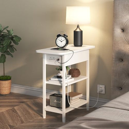 LIDYUK End Table with Charging Station, Flip Top Side Table with USB Ports and Outlets, Nightstand for Small Spaces, Bedside Tables with Storage Shelf for Living Room, Bedroom, White | Equipped with USB Ports and Outlets, Nightstand for Small Spaces, Beds