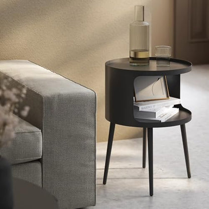ZHBHHYZ Modern Round Side Table with Open Storage, Metal Nightstand End Table, Bedside Table for Living Room and Bedroom, Matte Black - color: Black-round
