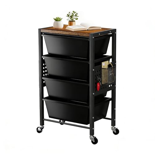Rolling Cart with 4 Drawers, Plastic Drawer Storage Carts with Wheels & Wooden Tabletop, Metal Utility Cart with Pegboards, Office Living Room Classroom Craft Organization and Storage, Dark Black - color: Dark Black, size: 4-drawer
