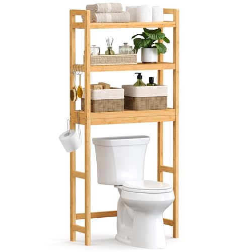 SONGMICS Over The Toilet Storage, 3-Tier Over Toilet Bathroom Organizer with Adjustable Shelf, 10.2 x 24.8 x 66.9 Inches, Space-Saving, Natural Beige UBTS001N01 - color: Natural Beige, size: 3 Tiers (66.9"H)