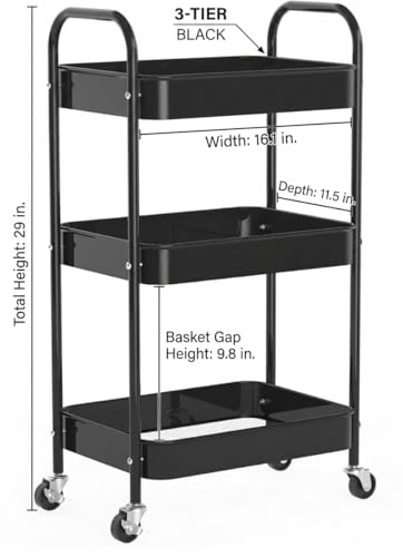 3-Tier Rolling Utility Cart with Ergonomic Handles and Mesh Bottom - Metal Storage Organizer Mobile Shelf Unit on Wheels for Kitchen, Bathroom, Office, Pantry, and Nursery, Black