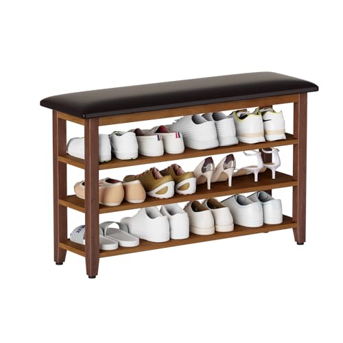 Shoe Bench with Leather Cushion,Rubberwood Bench with Shoe Rack | 3-Tier Shoe Storage Organizer for Entryway,Hallway,Living Room - size: 3-Tier-39.4"