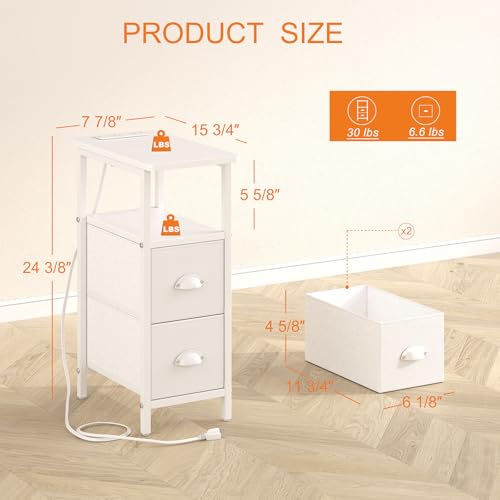sthmec Narrow End Table with Charging Station, Narrow Side Table with 2 Fabric Drawers, Slim Nightstand, Skinny Bedside Table, Small Side Table for Small Spaces, Living Room, Bedroom, White - color: White, size: 7.87'' W x 15.75'' D x 24.37'' H, style: Po