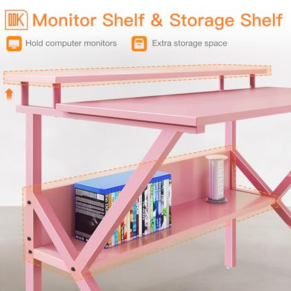 ODK Small Desk, 27.5 Inch Computer Desk for Small Spaces, Study Desk with Storage & Monitor Stand, Pink - color: Pink