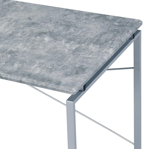 Writing Desk with Faux Concrete Top and Silver Metal Base | Faux concrete top, silver metal sled base, wood veneer, 45 L x 22 D x 26 H leg space, 70 lb weight limit