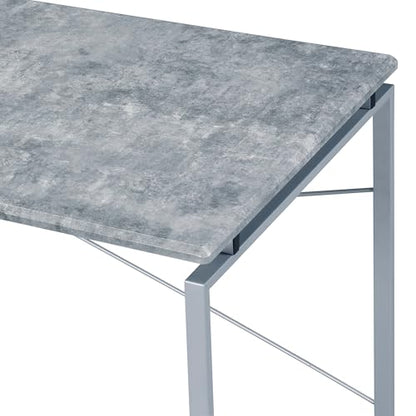 Writing Desk with Faux Concrete Top and Silver Metal Base | Faux concrete top, silver metal sled base, wood veneer, 45 L x 22 D x 26 H leg space, 70 lb weight limit