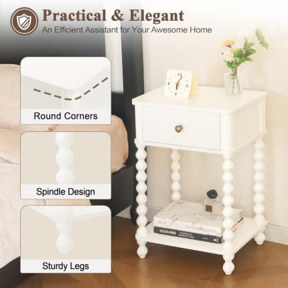 AWASEN White Nightstand, Small Side Table with Drawer for Living Room, Farmhouse End Bedside Table with Spindle Wood Legs for Bedroom, Office, White - color: White