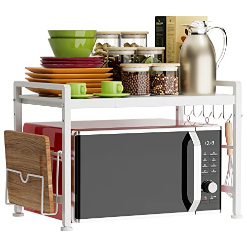 YIUKEA Extendable Microwave Oven Rack - Adjustable Kitchen counter shelf, 2 Tier Microwave Stand (L15.7~23.6" xW12.8 xH17.7) with 6 Hooks for Kitchen Countertop Organizer (White) - color: White