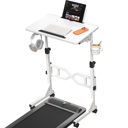 Oransail Small Standing Desk with Wheels, 29.5-45.3 Inch Adjustable Height, Portable Treadmill Desk, Rolling Computer Table for Walking Pad with a Cup Holder and a Hook - color: White