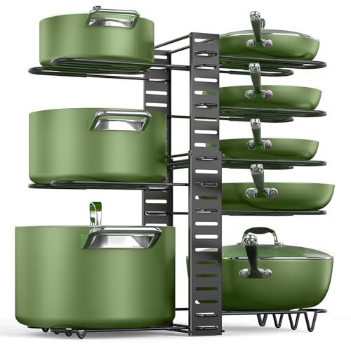 MUDEELA Pots and Pans Organizer Rack under Cabinet 8-Tiers Adjustable Pot Rack with 3 DIY Methods, Expandable 11.65'' to 19" Pot Lid Organizer for Kitchen Pantry Cabinet Organization and Storage - color: Black, size: 19"H