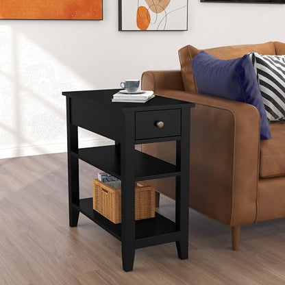 ChooChoo Side Table Living Room, Narrow End Table with Drawer and Shelf, 3-Tier Sofa End Table for Small Space, Black - color: Ink Black