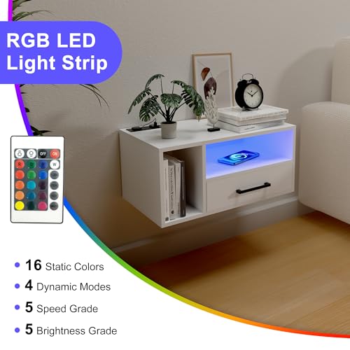 Homaterial Floating Nightstand with Charging Station and LED Lights, Floating Bedside Table with Drawers Wall Mounted Nightstands,for Bedroom Room, 21.3" x 11.8" x 10",White - color: White