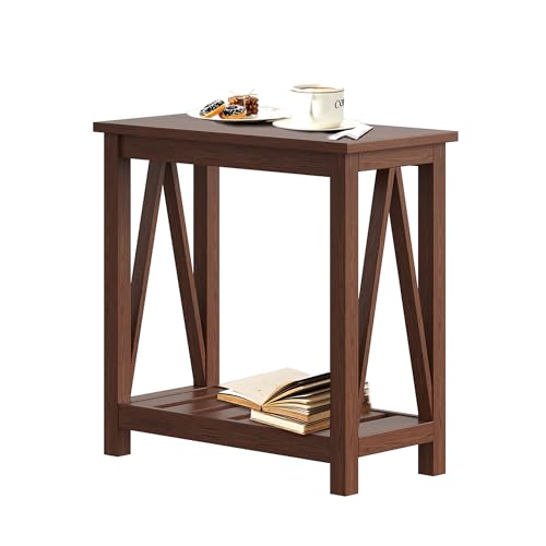 ChooChoo Farmhouse End Table, Narrow Side Table, Slim End Table with Storage Shelf for Small Spaces, Rustic Nightstand, for Living Room, Bedroom Walnut - color: Walnut, size: 1 Pack