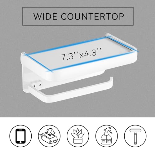 Toilet Paper Holder with Phone Shelf, Adhesive or Screw Wall Mount Toilet Tissue Roll Holder-White - color: White