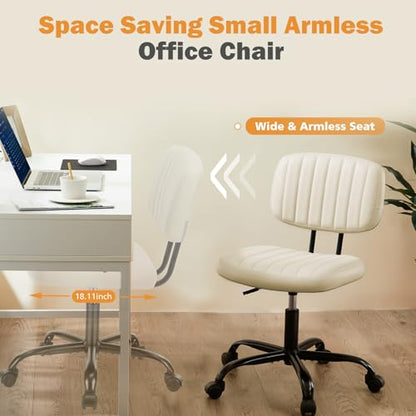 Sweetcrispy Small Office Desk Chair, Armless PU Leather with Comfy Lumbar Support, Height Adjustable Rolling Swivel Task for No Arms, for Adult, Student, Bedroom, Home, Vanity, Beige White - color: Beige