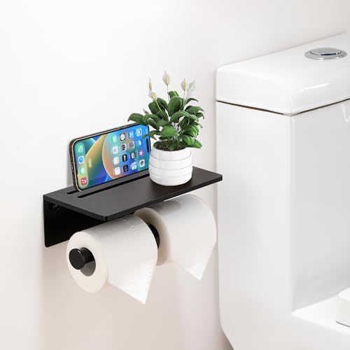 Toilet Paper Holder - Aluminium Double Roll Toilet Tissue Holder with Mobile Phone Shelf for Bathroom, 3M Self Adhesive No Drilling or Wall-Mounted with Screws, Rustproof Modern Style Black - color: Black-2 Roll