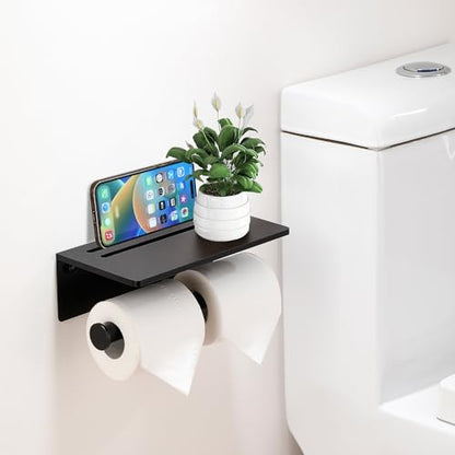 Toilet Paper Holder - Aluminium Double Roll Toilet Tissue Holder with Mobile Phone Shelf for Bathroom, 3M Self Adhesive No Drilling or Wall-Mounted with Screws, Rustproof Modern Style Black - color: Black-2 Roll
