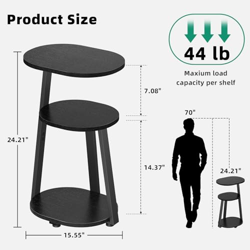 Kalrin Side Table, Small End Table with Metal Frame, 3-Tier Bedside Tables, Round Side Tables for Living Room Bedroom Couch Bathroom, Oval, Pure Black - color: Pure Black