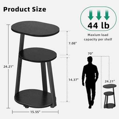 Kalrin Side Table, Small End Table with Metal Frame, 3-Tier Bedside Tables, Round Side Tables for Living Room Bedroom Couch Bathroom, Oval, Pure Black - color: Pure Black