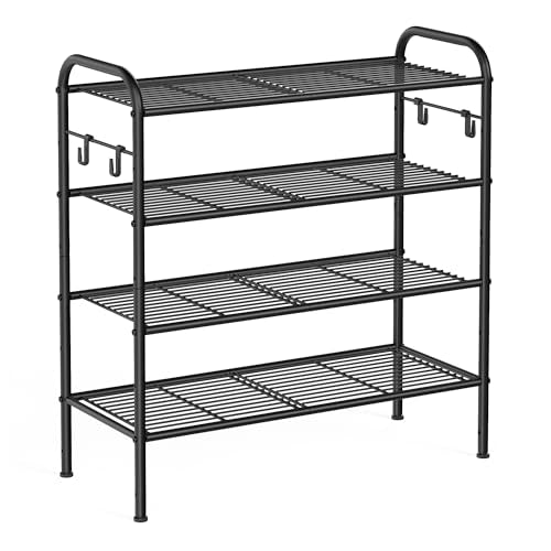 SONGMICS Shoe Rack, 4-Tier Shoe Organizer, Metal Shoe Shelf Storage with 4 Side Hooks, Holds 15 Pairs of Shoes, Height-Adjustable Shoe Rack for Entryway, Hallway, Closet, Ink Black ULMR069B01 - size: 4 Tiers (26.7"W)