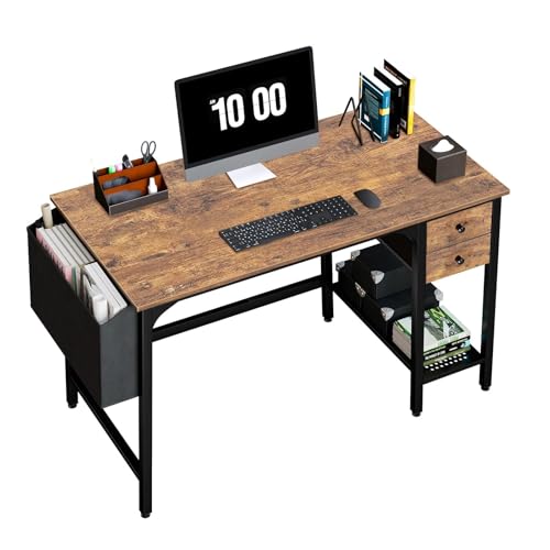 Lufeiya Computer Desk with Drawers - 40 Inch Work Reversible Small Desk for Bedroom Home Office, Simple Study Writing Table PC Desks with Drawer Storage Shelves, Rustic Brown - color: Rustic Brown, size: 39.4"