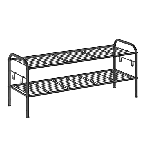 SONGMICS Shoe Rack, 2-Tier Shoe Organizer, Metal Shoe Shelf Storage with 4 Side Hooks, Holds 12 Pairs of Shoes, Height-Adjustable Shoe Rack for Entryway, Hallway, Closet, Ink Black ULMR128B01 - size: 2 Tiers (33.5"W)