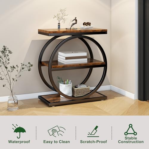IBUYKE Narrow End Table with 3 Storage Shelves, Industrial Sofa Side Table, Double Round Metal Frames, Slim Nightstand and Bedside Table for Bedroom, Living Room, Rustic Brown UTMJ418H - color: Rustic Brown