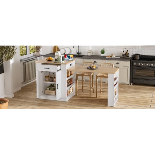 Bellemave Kitchen Island with Extendable Dining Table, 80.7" Kitchen Storage Islands with Double-Door Cabinet, Power Outlet, 2 Drawers & 2 Open Shelves, Temporary Breakfast Bar (White/80.7") - size: 80.7 Inch, style: White 2 Cabinet