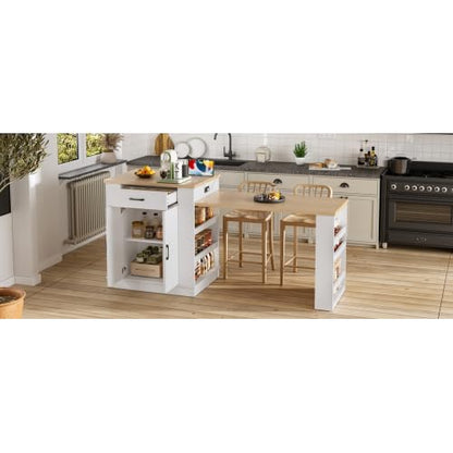 Bellemave Kitchen Island with Extendable Dining Table, 80.7" Kitchen Storage Islands with Double-Door Cabinet, Power Outlet, 2 Drawers & 2 Open Shelves, Temporary Breakfast Bar (White/80.7") - size: 80.7 Inch, style: White 2 Cabinet