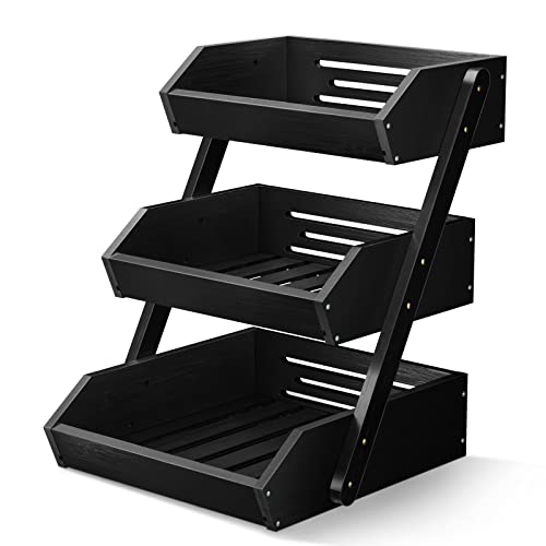 G.a HOMEFAVOR Large Bamboo Fruit Basket, 3 Tier Fruit Bowl for Kitchen Counter, Fruit Holder for Kitchen Countertop, Snack Fruit Vegetable Storage Basket Stand (BLACK) - color: Black, size: 3-Tier