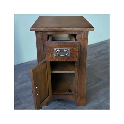 Pemberly Row Mission Tapered Leg Narrow Nightstand, Solid Quarter Sawn Oak, Michael's Cherry Finish, 1 Drawer, 1 Cabinet Door with Shelf, Hand Rubbed Walnut Stain, Compact Bedroom Side Table Storage - color: Michael's Cherry