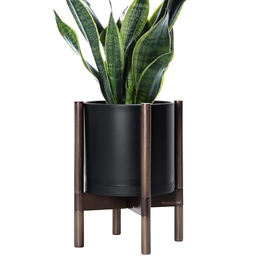 D'vine Dev Plastic Pot with Walnut Wood Stand, Black, 10 in, 55-C-L-2 | Mid-Century Inspired Design, Elevated Plant Display, Clean Lines, Sturdy Support, Modern Space-Saving Style - color: Matte Black Pot + Walnut Color Stand, size: 10 Inch