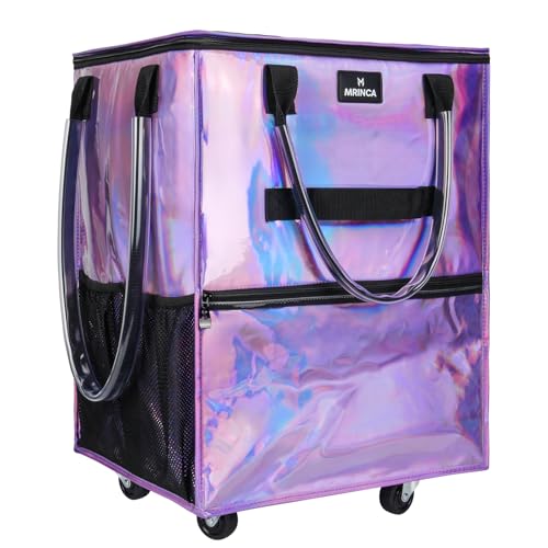 Reusable Grocery Bag On Wheels, 70L Foldable Rolling Tote with 6 Pockets | 3-Way Carry, Heavy Duty Handle, Zippered Top for Grocery, Laundry, Collapsible Shopping Trolley, Medium Gradient Purple - color: Gradient Purple, size: Medium