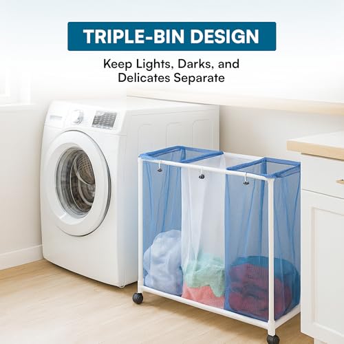 Honey-Can-Do HMP-01629 3 bag mesh laundry sorter, 30.5" x 15.3" x 30" , Blue/White