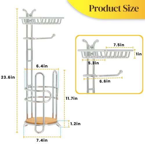 Toilet Paper Holder Stand, Free Standing Tissue Roll Storage Rack with Shelf for Bathroom, Chrome - color: Chrome With Bamboo