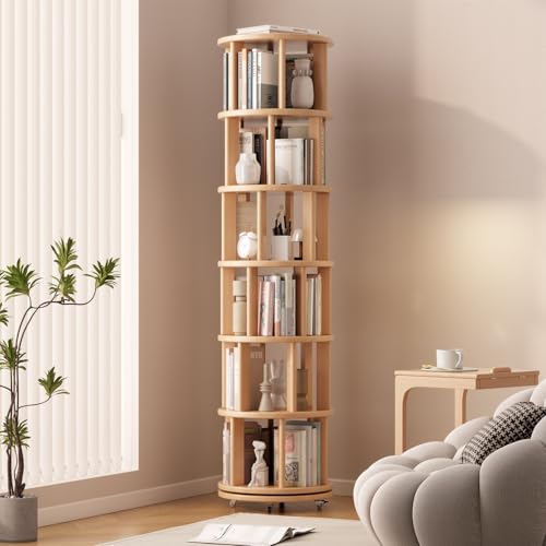 Solid Wood Rotating Bookshelf on Wheels, 6 Tier, Round Revolving Bookcase, 360° Spinning Book Shelf Tower for Kids, Narrow Rolling Bookshelves for Small Space, Corner, Bedroom, Office, Natural - color: Natural, size: 6 Tier