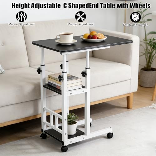 Adjustable C Table,Over Bed Table with Wheels,Rolling Side Table, Over Bed Table with Wheels, Bedside Table, for Sofa Side Small Space, Stable Multi Storage Desk, Black - color: Black